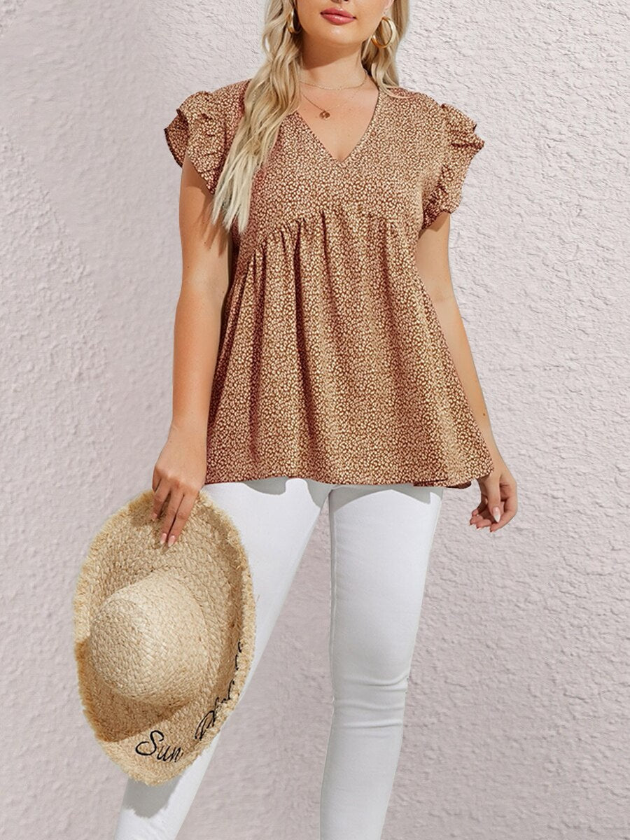 Finjani Red Heart Print Blouse 2023 New V-Neck Ruffle Trim Blouses Summer Casual Tee Loose And Breathable Plus Size Women's Tops