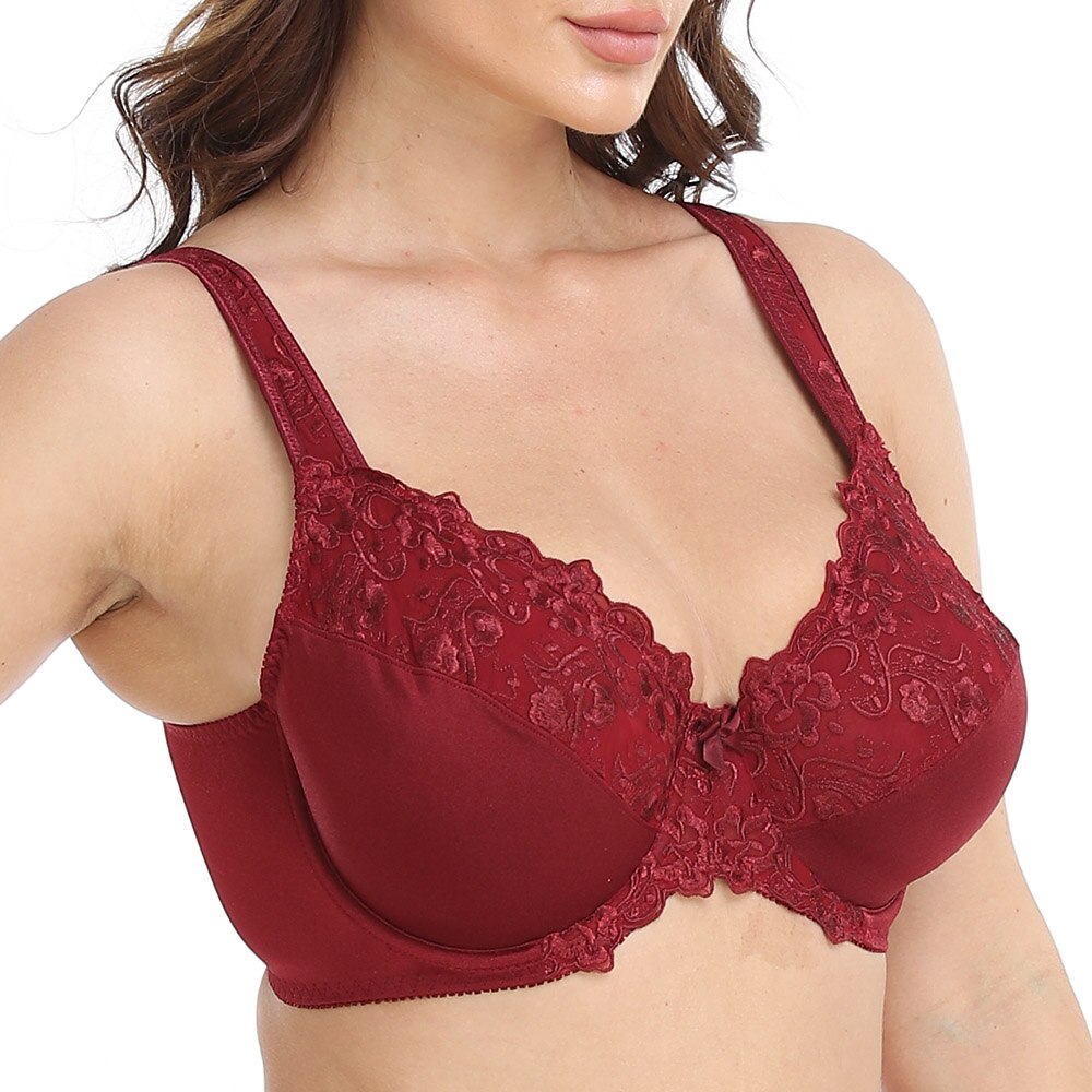 Wine Embroidered Underwire Bra With Lace Trim