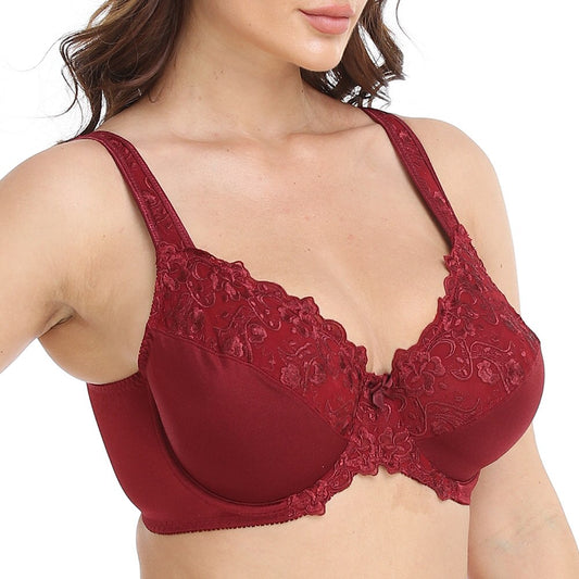 Wine Embroidered Underwire Bra With Lace Trim