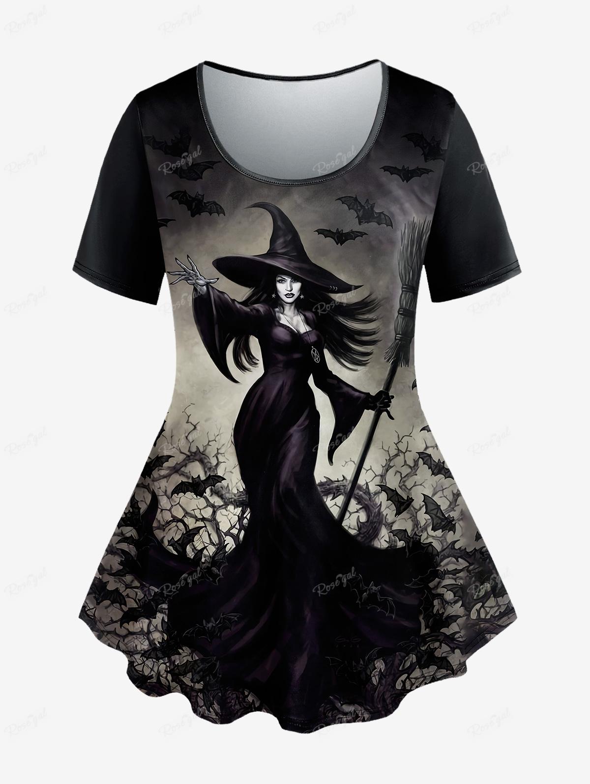 Plus Size Outfit Witch Eagle Cat Printed T-shirt Or Flare Pants Short Sleeves Halloween Tops Trousers Casual Women's Suits