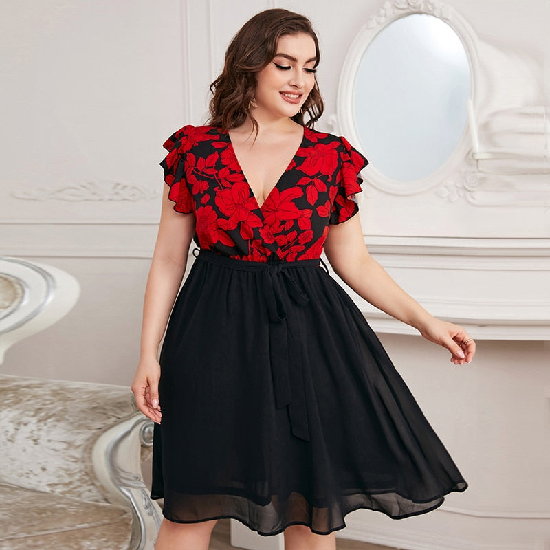 Della Mel Plus Size Fashion Women&#39;s Elegant Women Dresses For Women Clothing 2022 Summer Casual Print V Neck A-Line Short Dress