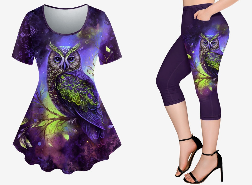 Plus Size Printed Short Sleeves T-shirt Or Pockets Capri Leggings Owl Unicorn 3D Graphic Tees Outfit Top Pant For Women
