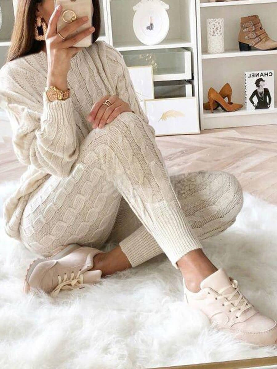 LW Plus Size Dropped Shoulder Knit Pants Set Women's Long Sleeve Knitted Casual Two-piece Sweater Long Sleeve Top Thick Sweaters