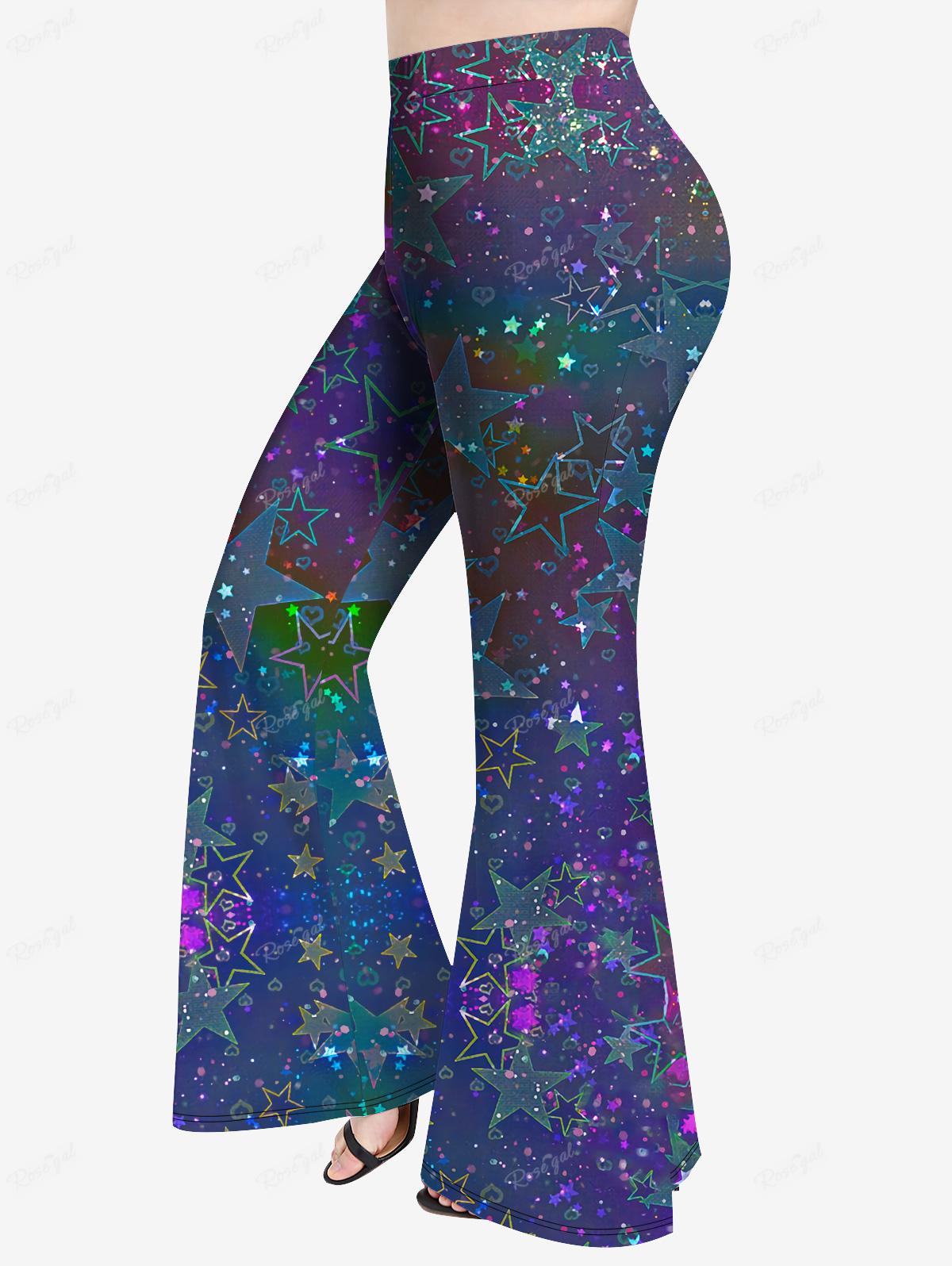 Ruched Star Heart Glitter Printed Cinched Tank Top Or Flare Pants Plus Size Matching Set Women Casual Streetwear Outfits