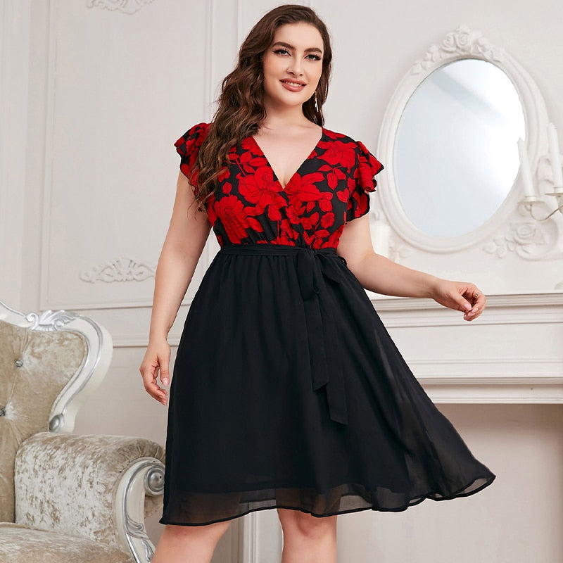 Della Mel Plus Size Fashion Women&#39;s Elegant Women Dresses For Women Clothing 2022 Summer Casual Print V Neck A-Line Short Dress
