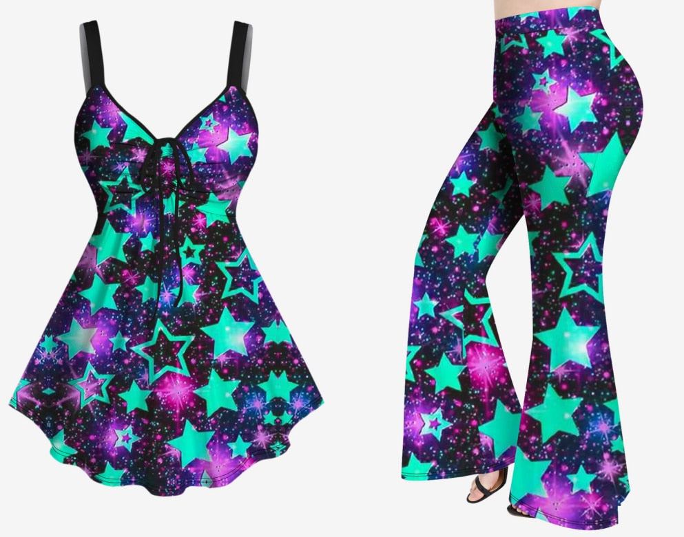 Ruched Star Heart Glitter Printed Cinched Tank Top Or Flare Pants Plus Size Matching Set Women Casual Streetwear Outfits