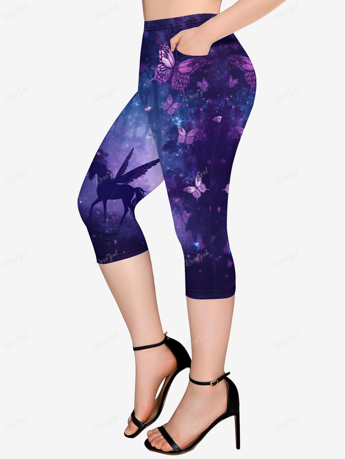 Plus Size Printed Short Sleeves T-shirt Or Pockets Capri Leggings Owl Unicorn 3D Graphic Tees Outfit Top Pant For Women