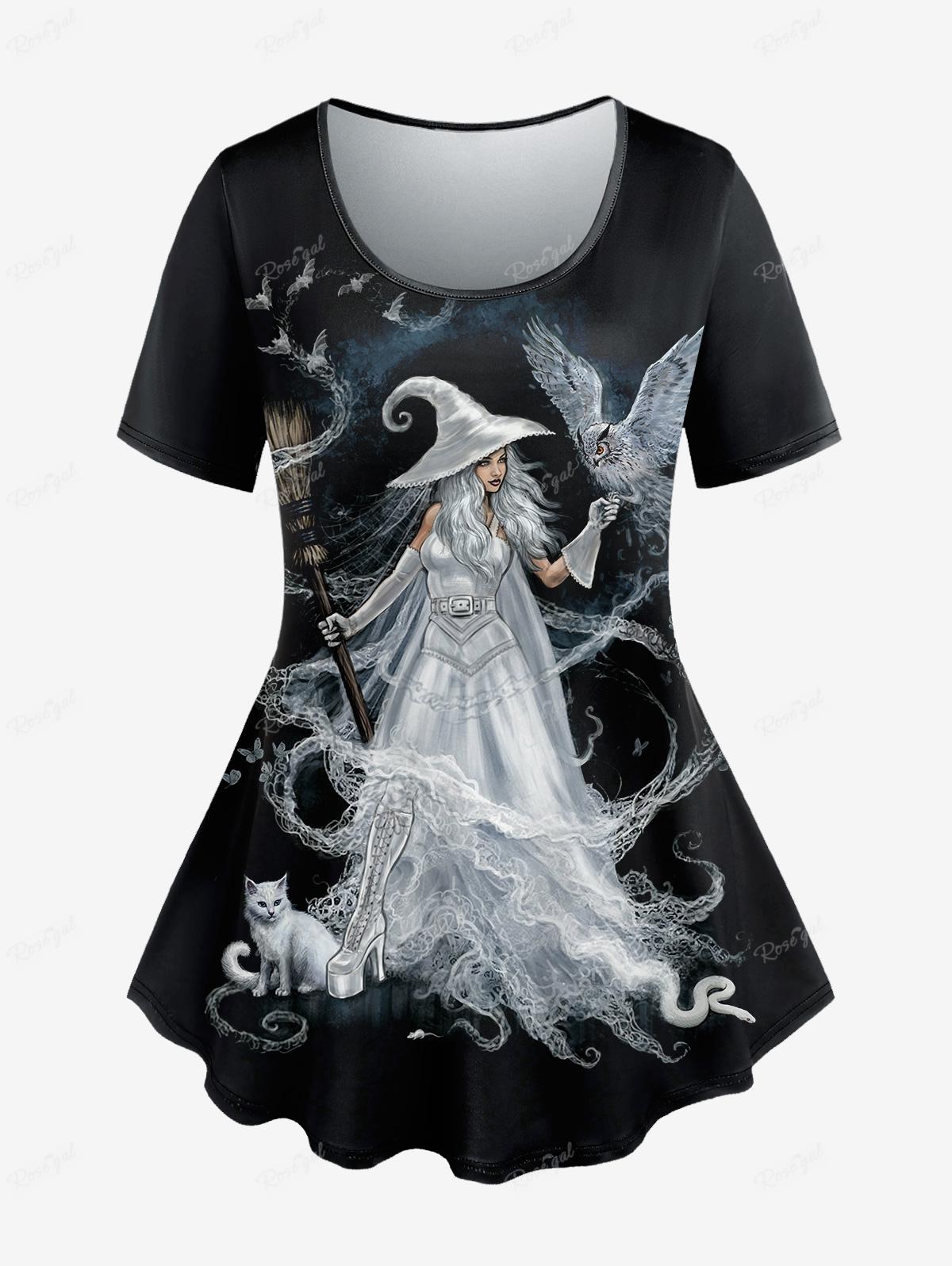 Plus Size Outfit Witch Eagle Cat Printed T-shirt Or Flare Pants Short Sleeves Halloween Tops Trousers Casual Women's Suits