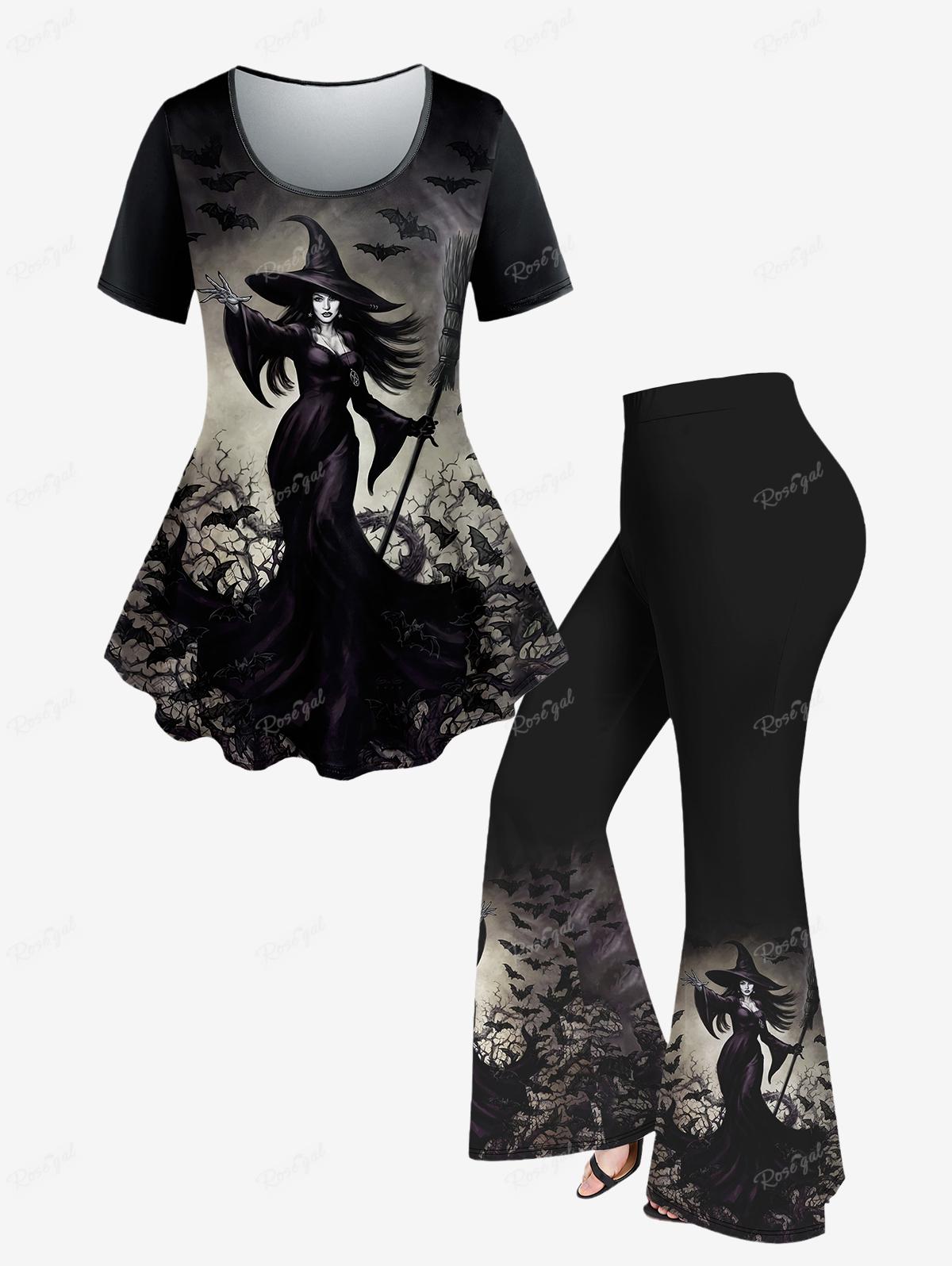 Plus Size Outfit Witch Eagle Cat Printed T-shirt Or Flare Pants Short Sleeves Halloween Tops Trousers Casual Women's Suits