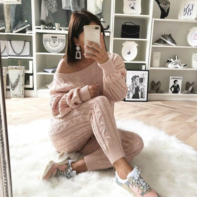 LW Plus Size Dropped Shoulder Knit Pants Set Women's Long Sleeve Knitted Casual Two-piece Sweater Long Sleeve Top Thick Sweaters