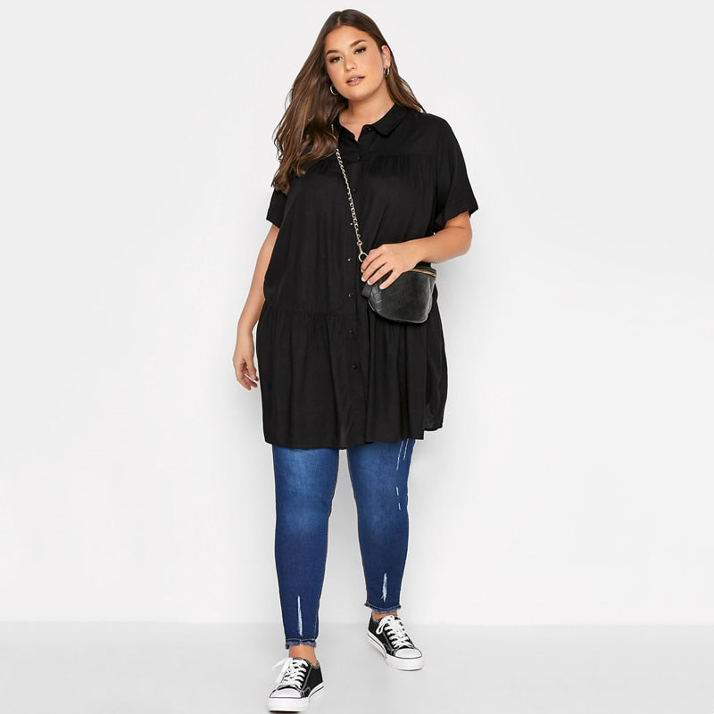 Plus Size Summer Elegant Longline Smock Shirt Women Short Sleeve Black Casual Tiered Blouse Large Size Loose Black Shirt 6XL 7XL