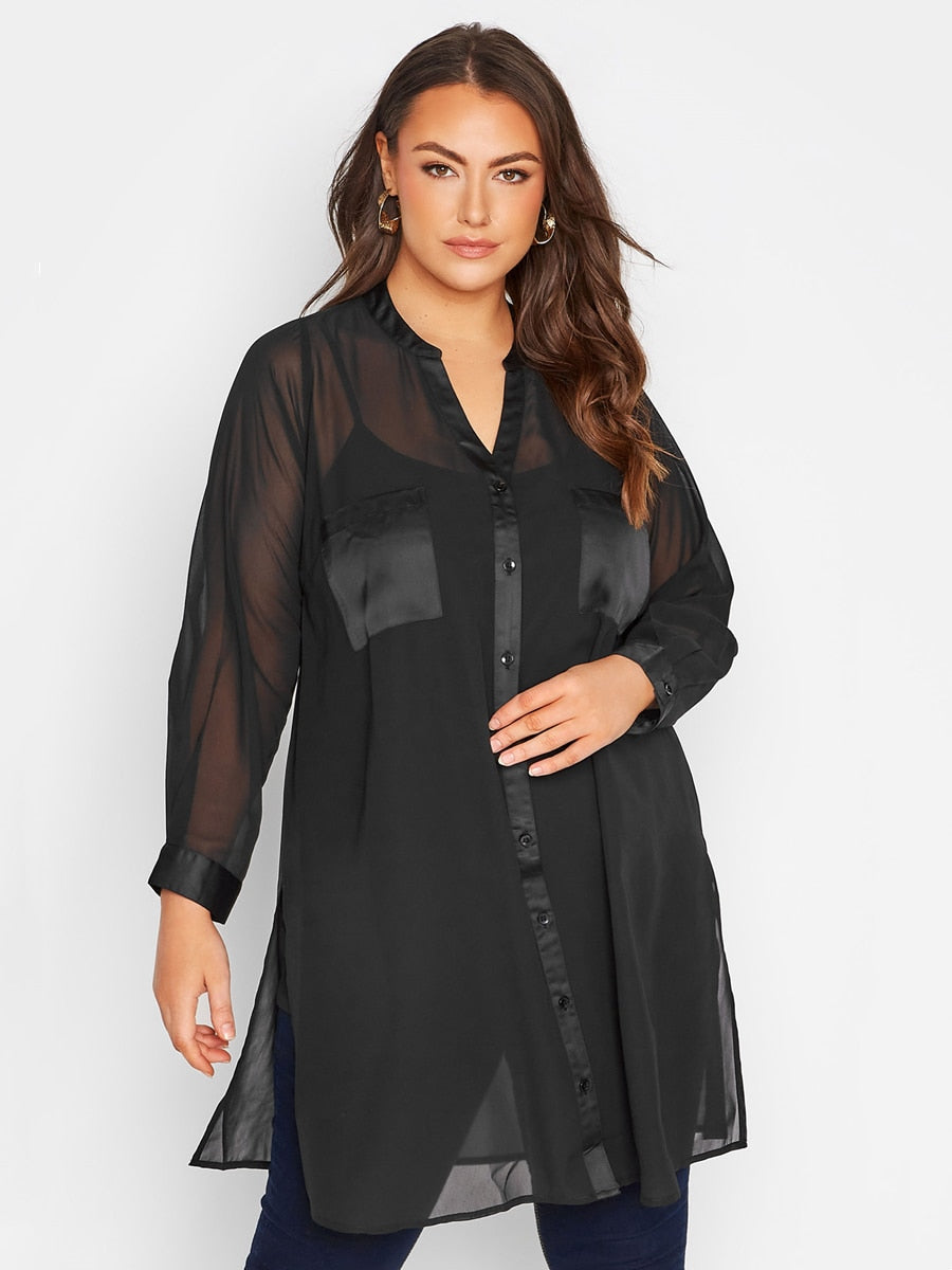 Plus Size Long Sleeve Spring Autumn Elegant Longline Shirt Women Button Up V-neck Black Blouse Large Size Business Shirt 6XL 7XL