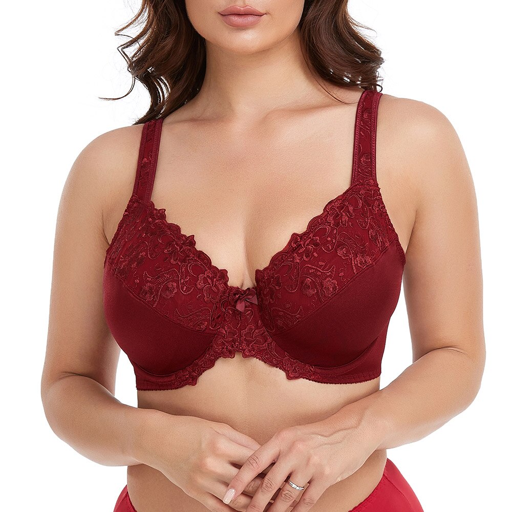 Minimizer Bra Plus Size Women Full Coverage Non-Padded Underwire Lace Black Floral Embroidery For Female B C D E F G H I J