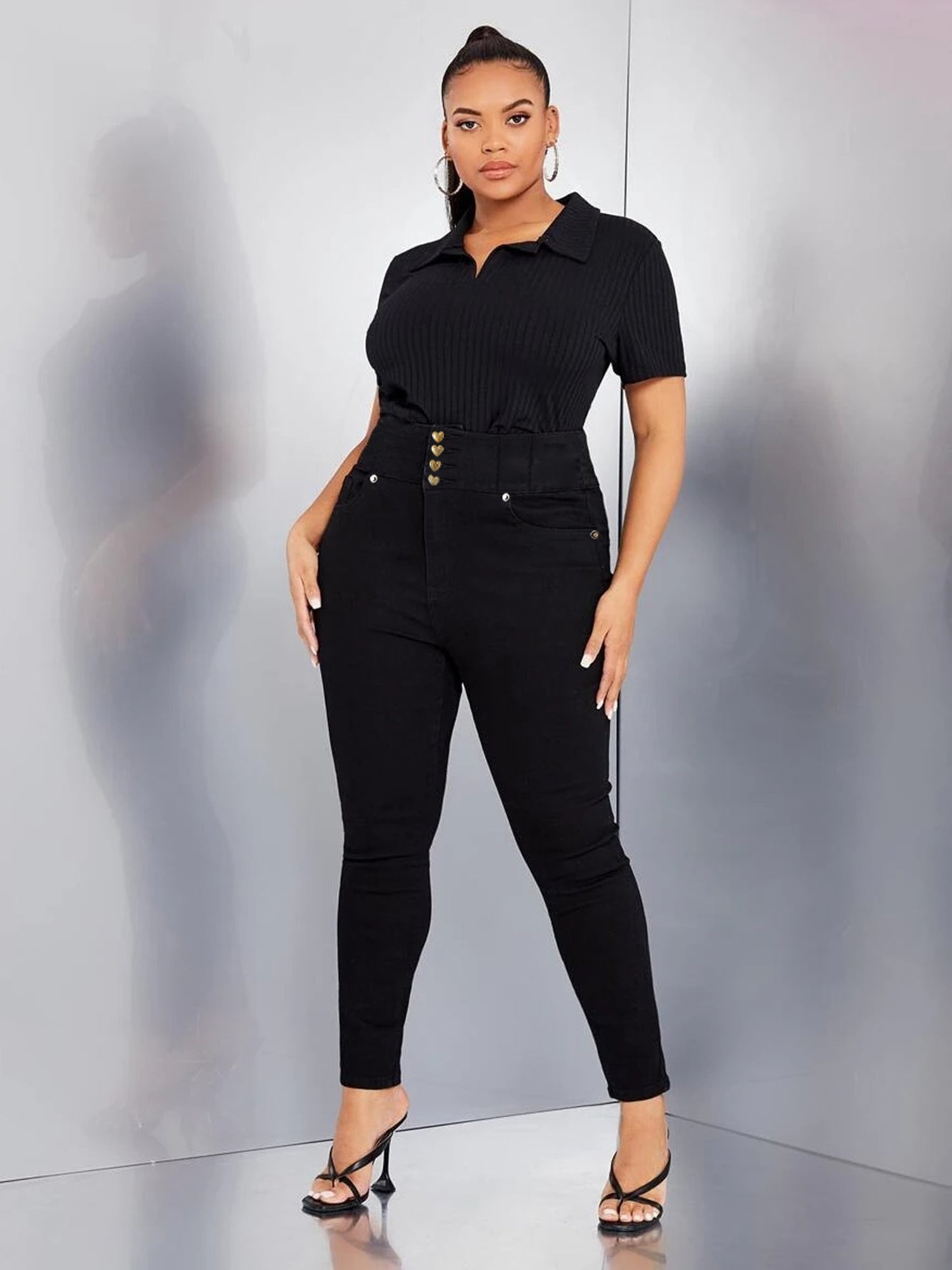 Plus Size Skinny Women Jeans Black Color Full Length Pencil Jeans for Women Button Fly Stretchy High Waist Jeans Denim Slim 2023