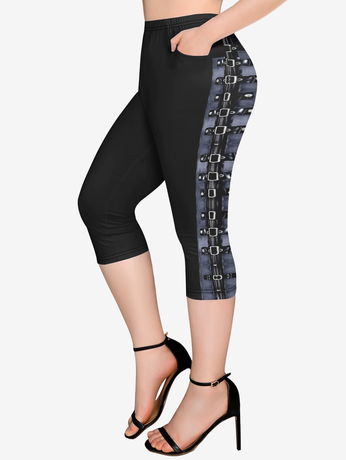 Plus Size Outfits Zipper Grommets Buckles 3D Print T-shirt Or Pockets Capri Leggings Matching By Yourself Printed Set 6X