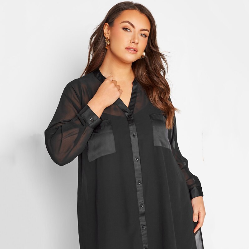 Plus Size Long Sleeve Spring Autumn Elegant Longline Shirt Women Button Up V-neck Black Blouse Large Size Business Shirt 6XL 7XL