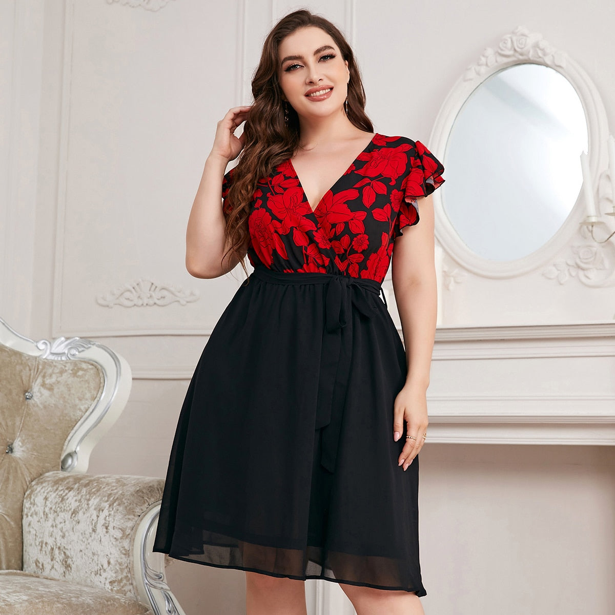 Della Mel Plus Size Fashion Women&#39;s Elegant Women Dresses For Women Clothing 2022 Summer Casual Print V Neck A-Line Short Dress