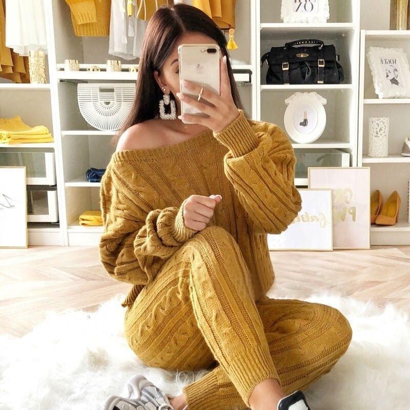 LW Plus Size Dropped Shoulder Knit Pants Set Women's Long Sleeve Knitted Casual Two-piece Sweater Long Sleeve Top Thick Sweaters