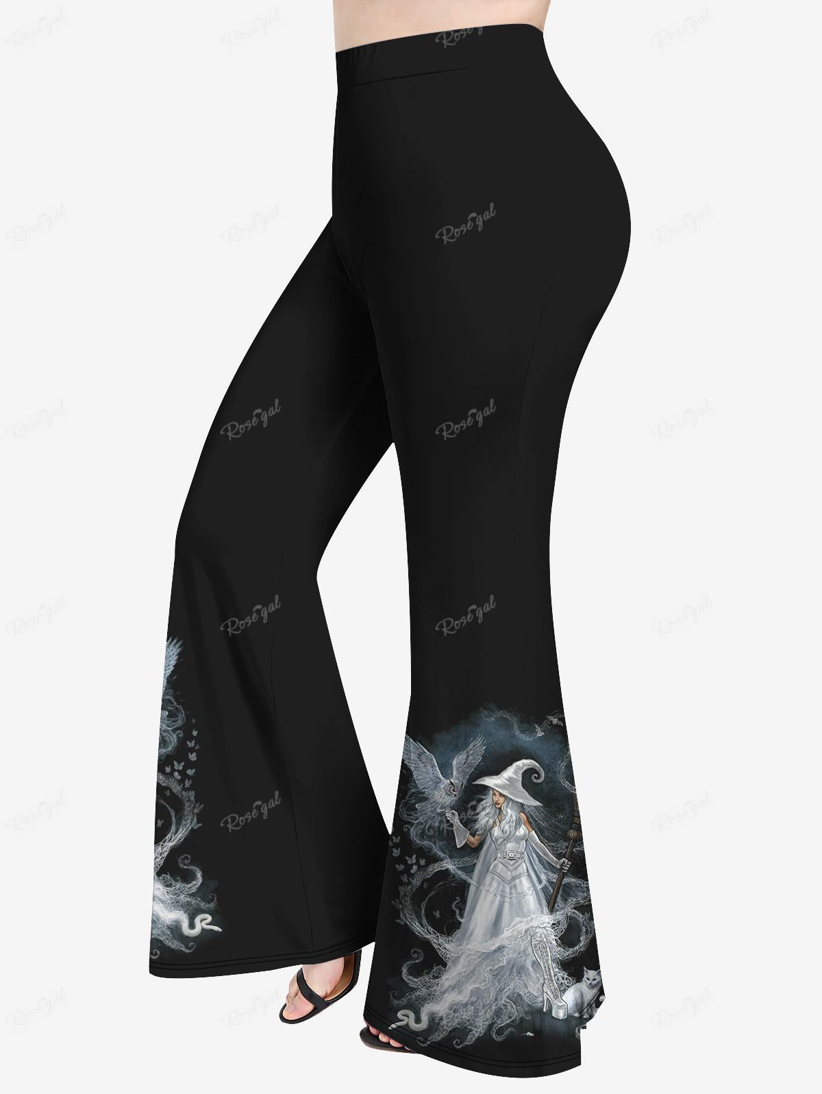 Plus Size Outfit Witch Eagle Cat Printed T-shirt Or Flare Pants Short Sleeves Halloween Tops Trousers Casual Women's Suits