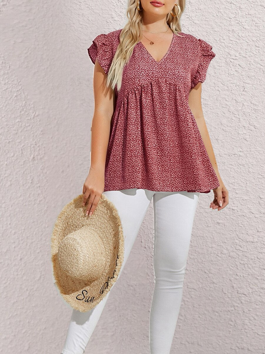 Finjani Red Heart Print Blouse 2023 New V-Neck Ruffle Trim Blouses Summer Casual Tee Loose And Breathable Plus Size Women's Tops
