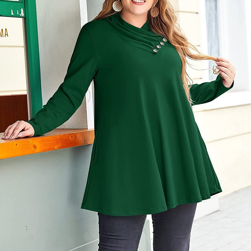2022 Spring Autumn Ruffle V Neck Long Sleeve Plus Size with Pockets Tunic Tops Women Casual Solid Pullover Oversized Tee T Shirt
