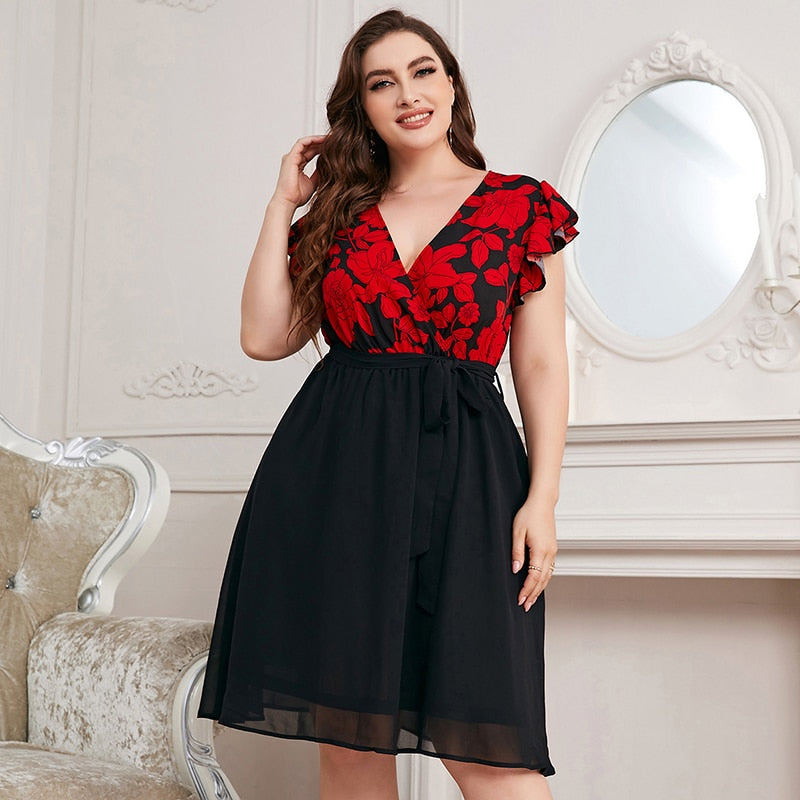 Della Mel Plus Size Fashion Women&#39;s Elegant Women Dresses For Women Clothing 2022 Summer Casual Print V Neck A-Line Short Dress