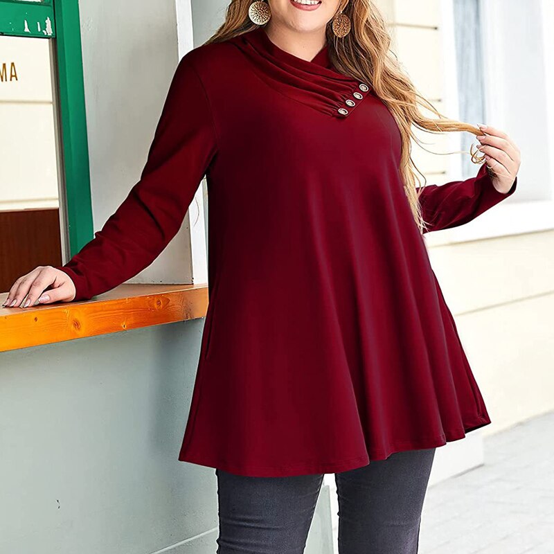 2022 Spring Autumn Ruffle V Neck Long Sleeve Plus Size with Pockets Tunic Tops Women Casual Solid Pullover Oversized Tee T Shirt