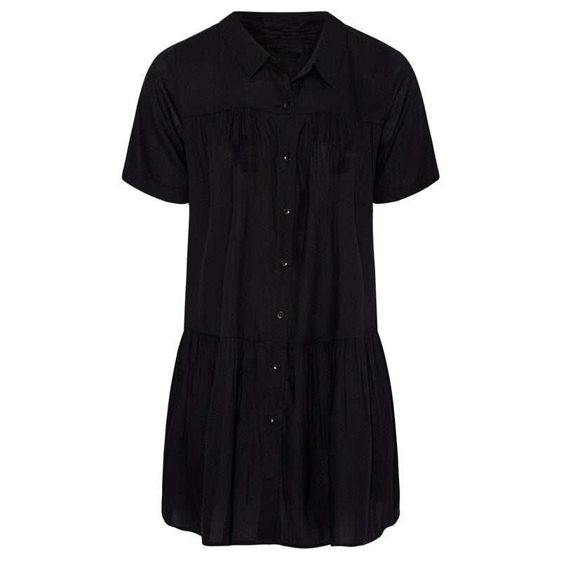 Plus Size Summer Elegant Longline Smock Shirt Women Short Sleeve Black Casual Tiered Blouse Large Size Loose Black Shirt 6XL 7XL