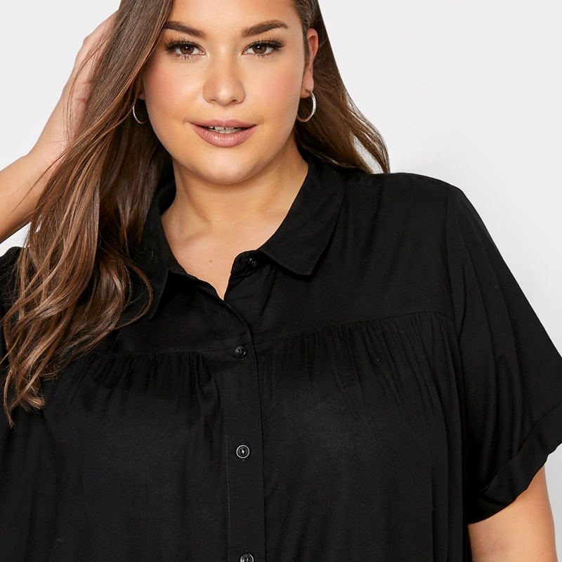 Plus Size Summer Elegant Longline Smock Shirt Women Short Sleeve Black Casual Tiered Blouse Large Size Loose Black Shirt 6XL 7XL