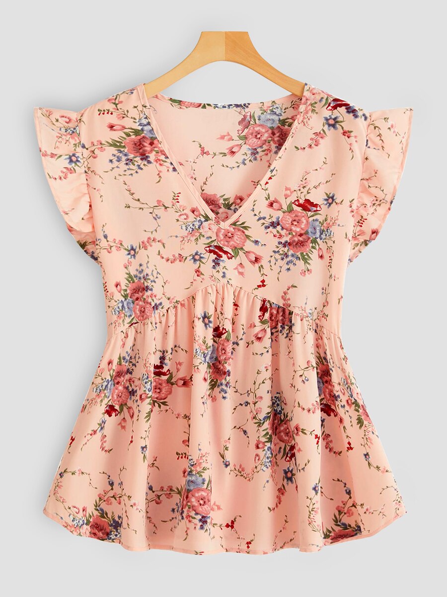 Finjani Red Heart Print Blouse 2023 New V-Neck Ruffle Trim Blouses Summer Casual Tee Loose And Breathable Plus Size Women's Tops