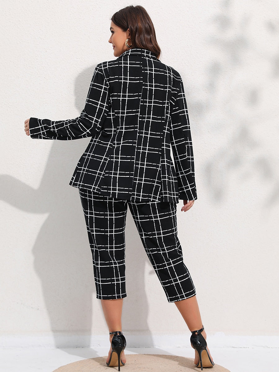 Finjani Plus Size Women Blazers Plaid Button Front Suit Sets Casual Blazer & Cropped Pants 2022 New Autumn And Winter Clothing