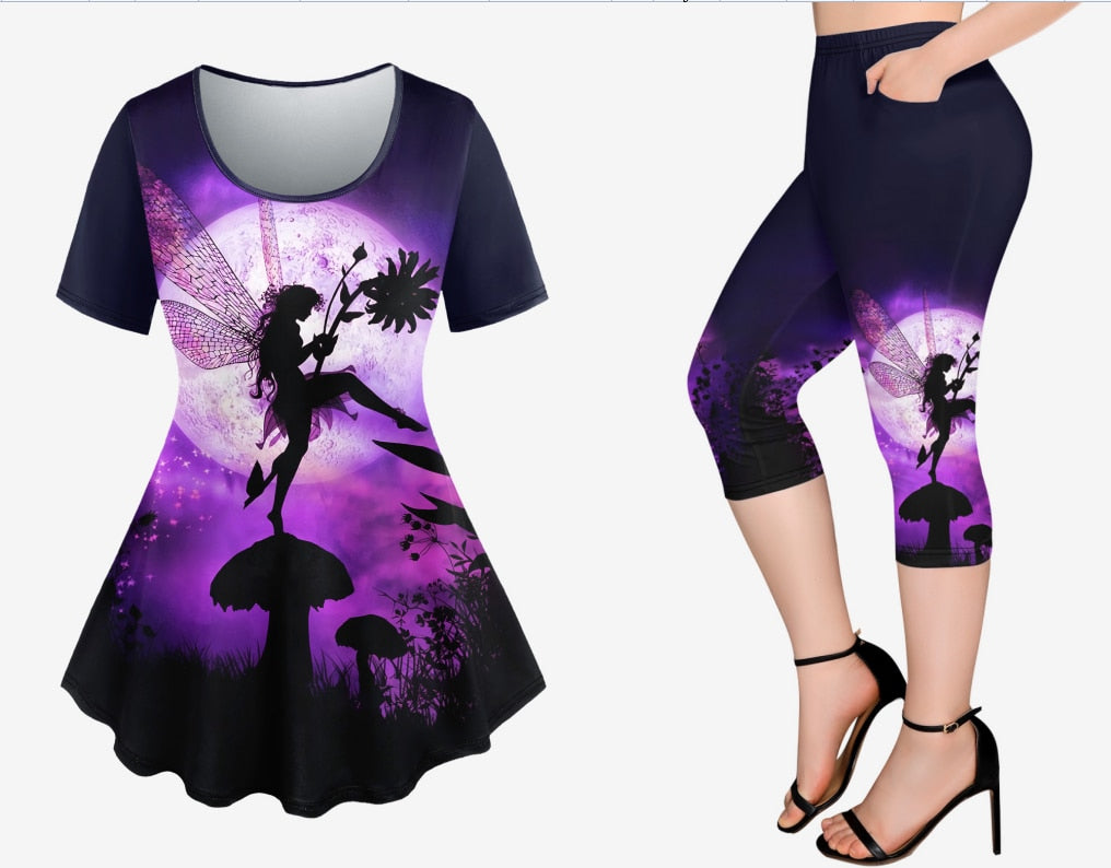 Plus Size Printed Short Sleeves T-shirt Or Pockets Capri Leggings Owl Unicorn 3D Graphic Tees Outfit Top Pant For Women
