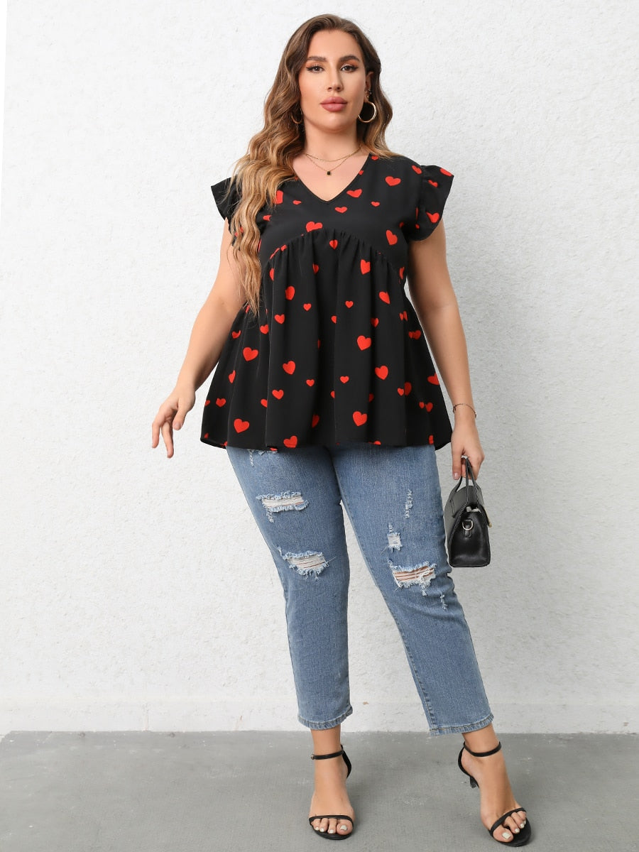 Finjani Red Heart Print Blouse 2023 New V-Neck Ruffle Trim Blouses Summer Casual Tee Loose And Breathable Plus Size Women's Tops