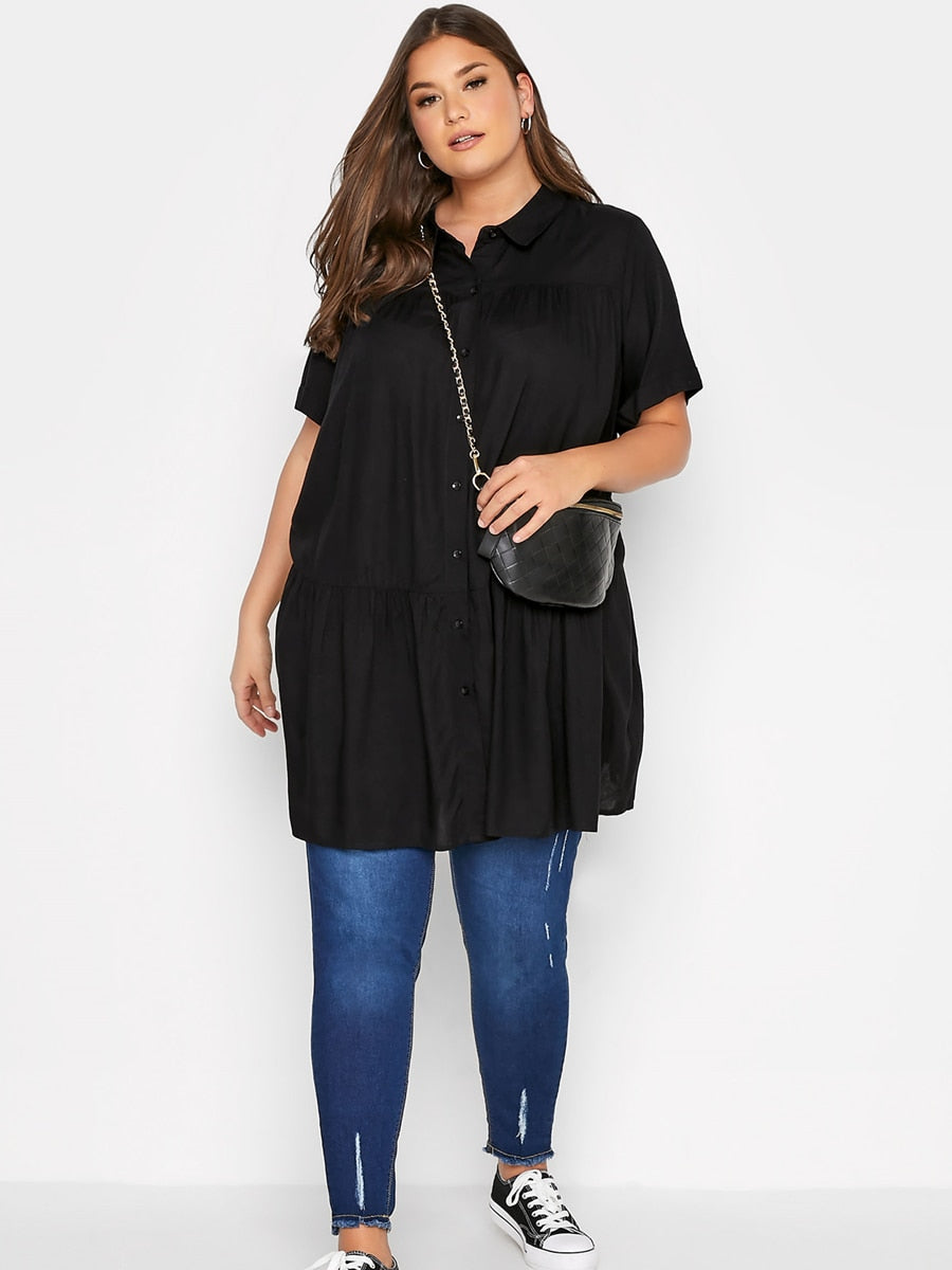 Plus Size Summer Elegant Longline Smock Shirt Women Short Sleeve Black Casual Tiered Blouse Large Size Loose Black Shirt 6XL 7XL
