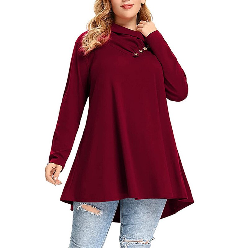 2022 Spring Autumn Ruffle V Neck Long Sleeve Plus Size with Pockets Tunic Tops Women Casual Solid Pullover Oversized Tee T Shirt