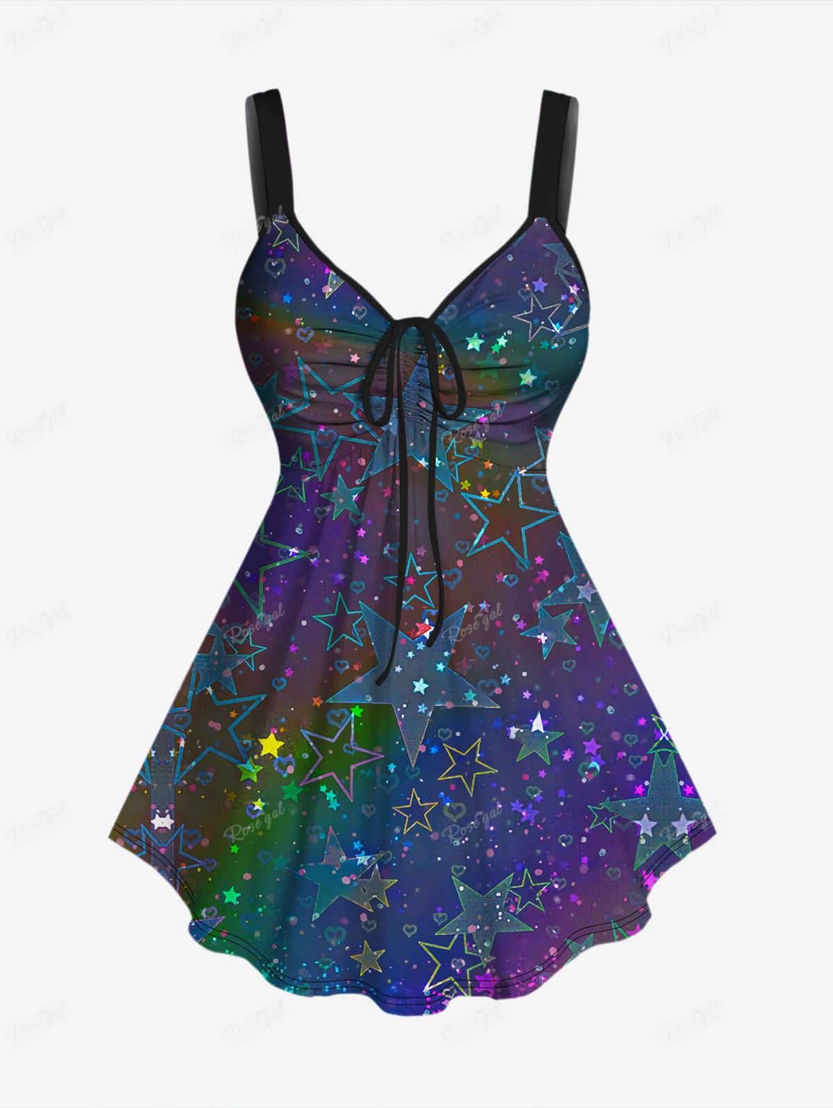 Ruched Star Heart Glitter Printed Cinched Tank Top Or Flare Pants Plus Size Matching Set Women Casual Streetwear Outfits