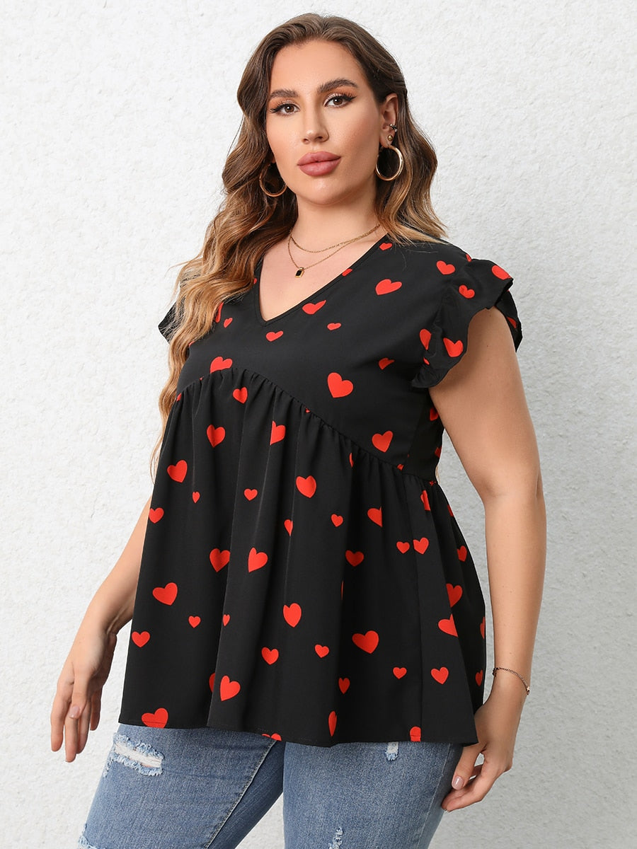Finjani Red Heart Print Blouse 2023 New V-Neck Ruffle Trim Blouses Summer Casual Tee Loose And Breathable Plus Size Women's Tops