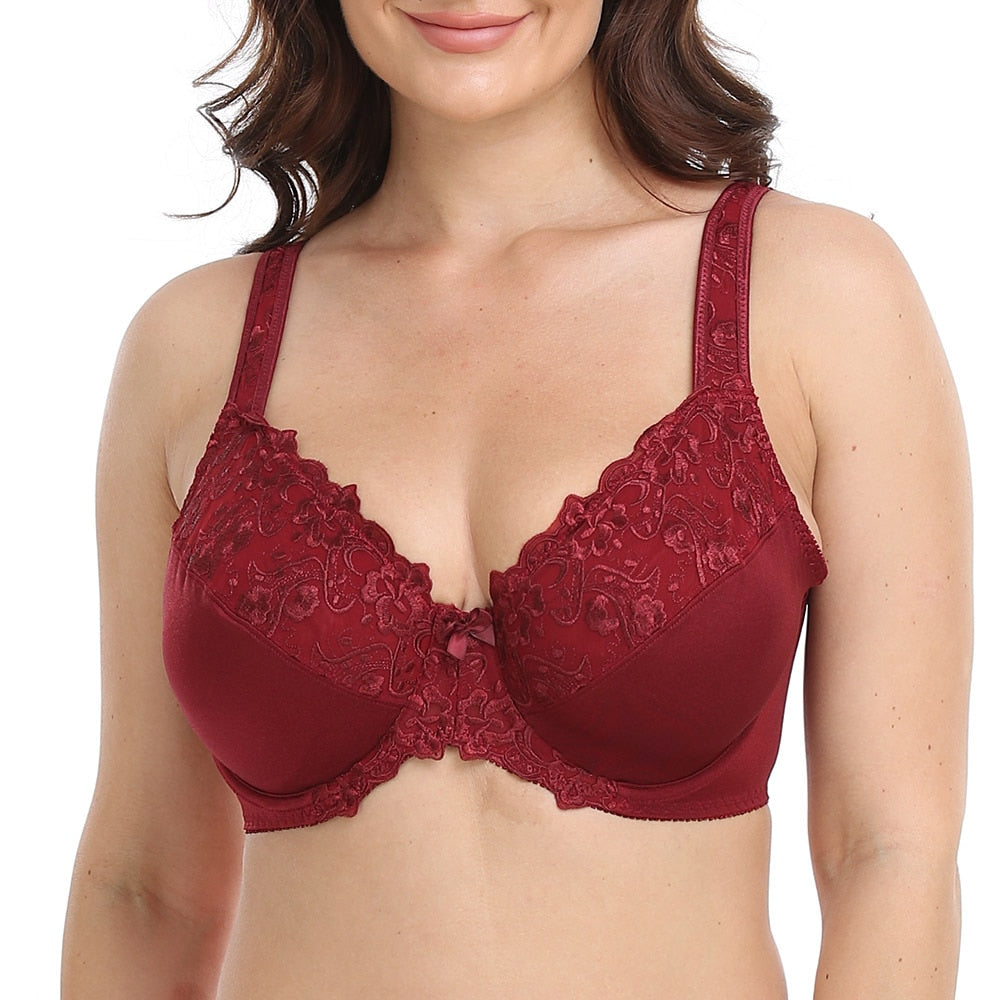 Wine Embroidered Underwire Bra With Lace Trim