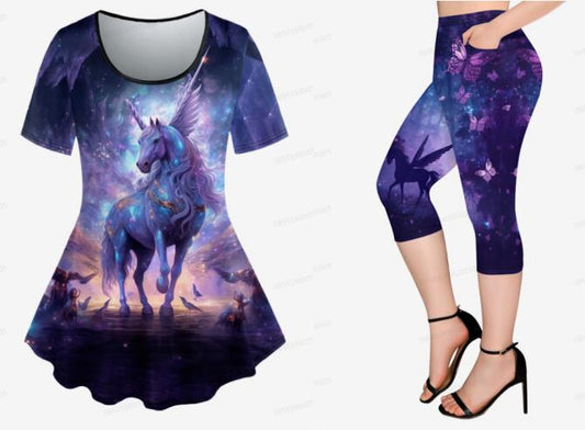 Plus Size Printed Short Sleeves T-shirt Or Pockets Capri Leggings Owl Unicorn 3D Graphic Tees Outfit Top Pant For Women