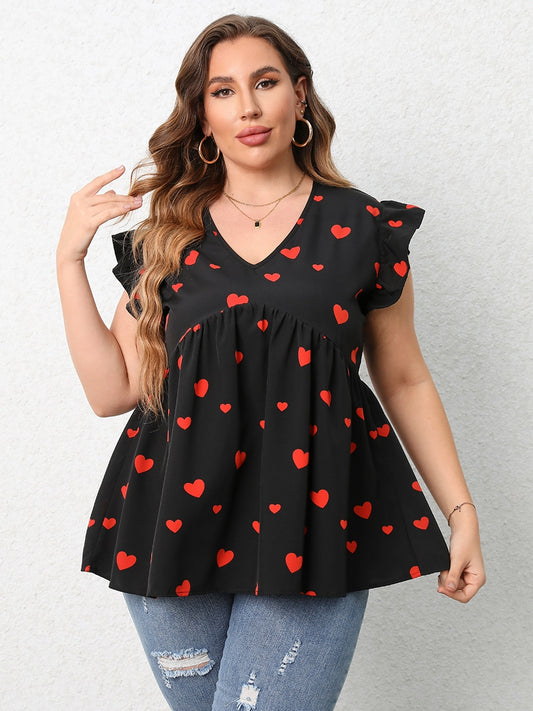 Finjani Red Heart Print Blouse 2023 New V-Neck Ruffle Trim Blouses Summer Casual Tee Loose And Breathable Plus Size Women's Tops
