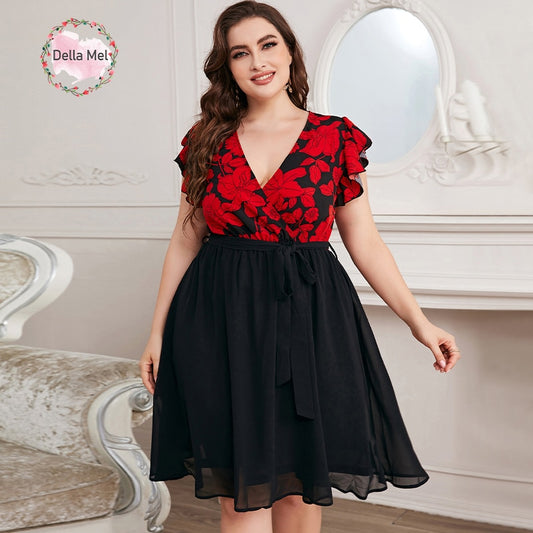 Della Mel Plus Size Fashion Women&#39;s Elegant Women Dresses For Women Clothing 2022 Summer Casual Print V Neck A-Line Short Dress
