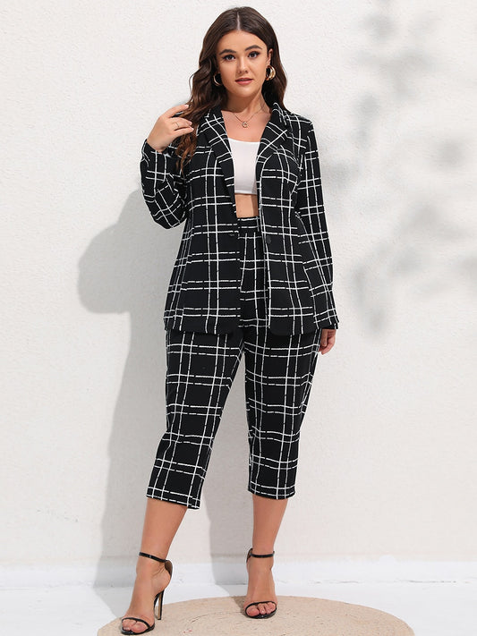 Finjani Plus Size Women Blazers Plaid Button Front Suit Sets Casual Blazer & Cropped Pants 2022 New Autumn And Winter Clothing
