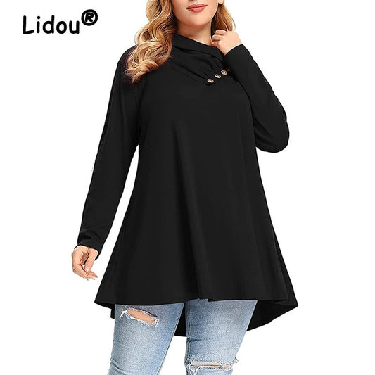 2022 Spring Autumn Ruffle V Neck Long Sleeve Plus Size with Pockets Tunic Tops Women Casual Solid Pullover Oversized Tee T Shirt