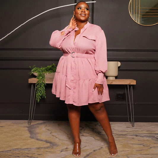 Plus Size Large Women's Dress Spring Autumn Solid Color Round Collar Single Breasted Women's Shirt Long Sleeve Pleated Dress