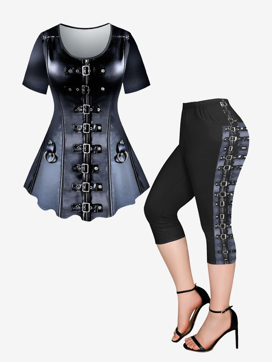 Plus Size Outfits Zipper Grommets Buckles 3D Print T-shirt Or Pockets Capri Leggings Matching By Yourself Printed Set 6X