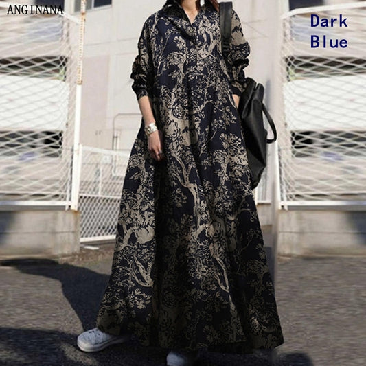 Summer oversized 10xl 150 kg women's dress large 6xl 8xl lapel long sleeve loose print big dress dark blue