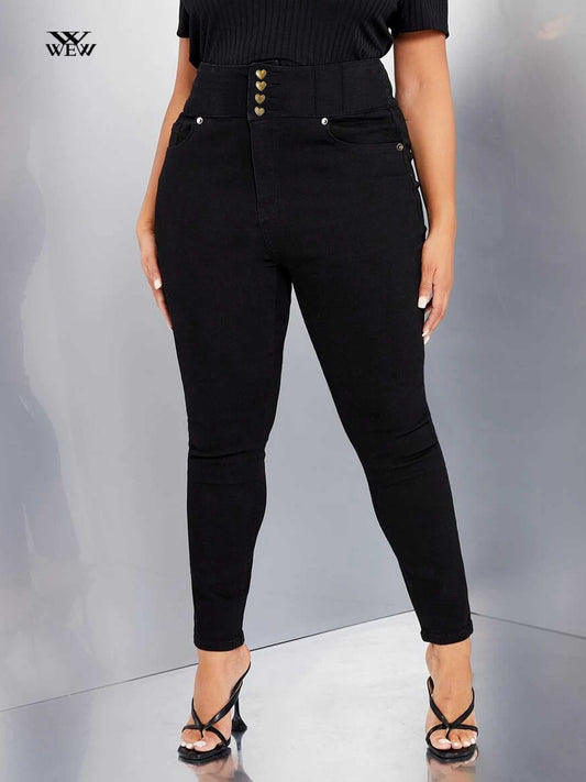 Plus Size Skinny Women Jeans Black Color Full Length Pencil Jeans for Women Button Fly Stretchy High Waist Jeans Denim Slim 2023