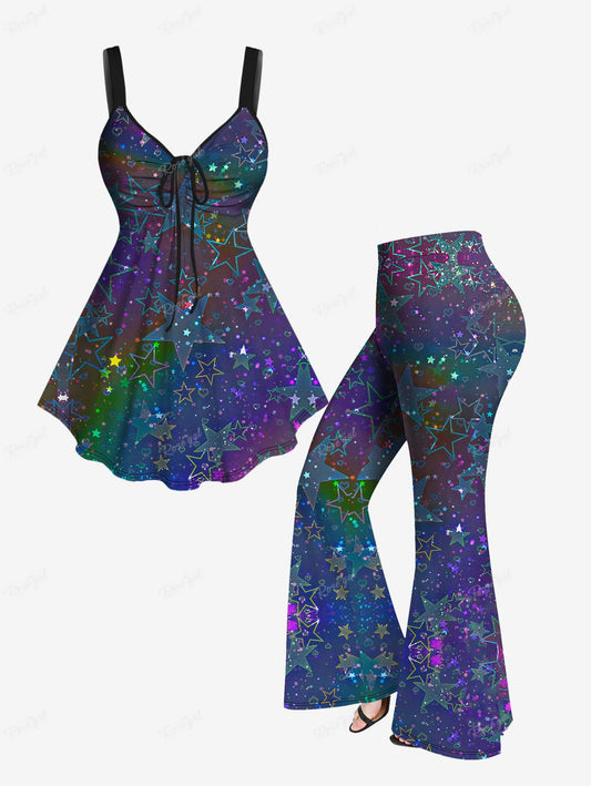 Ruched Star Heart Glitter Printed Cinched Tank Top Or Flare Pants Plus Size Matching Set Women Casual Streetwear Outfits
